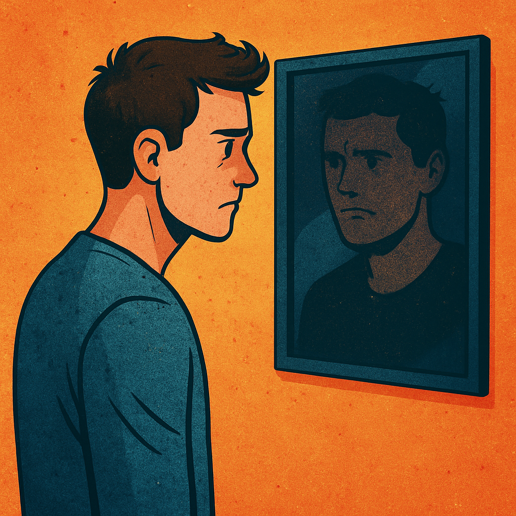 picture of staring at their reflection in the mirror